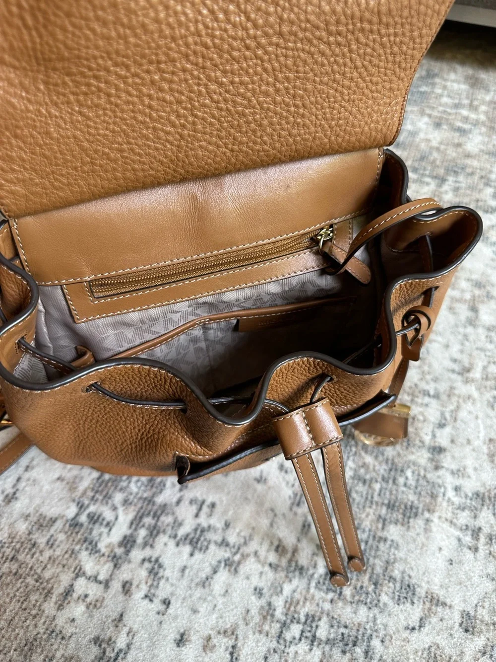 Michael Kors Romy Backpack Acorn Brown Pebbled‎ Leather Medium Drawstring Bag
